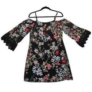 Vtg A Byer Dress L 12 Y2K Bell Sleeves Lace Floral Cold Shoulder Asian Spring.